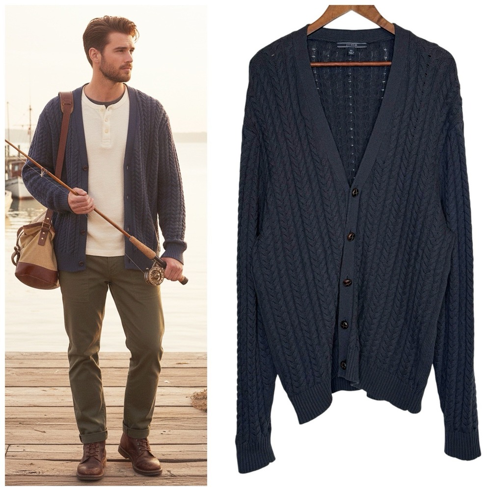 Vintage Cable Knit Fisherman Cardigan XL Jachs NY Linen Navy Blue Long V Neck
